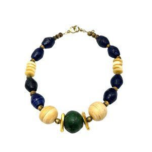 Vtg Signed EC Necklace Chunky Primitive Blue Green Glass Beads Gold Tone Accents
